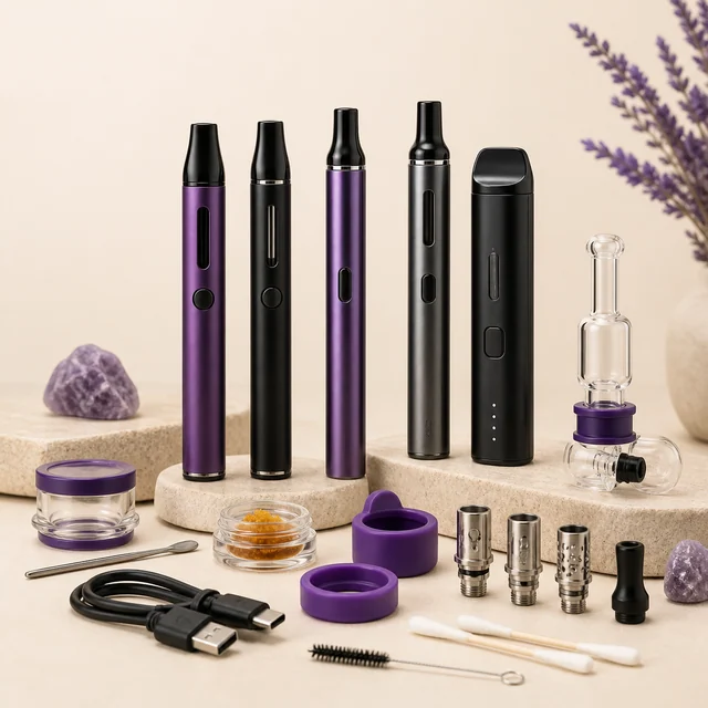 Selección de vaporizadores negros y morados con distintas boquillas, piezas de repuesto, accesorio de vidrio y utensilios de limpieza.