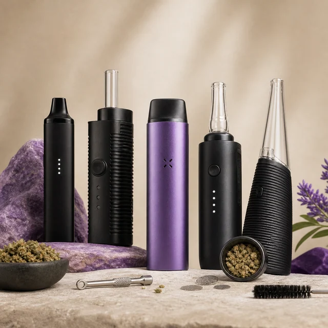 Selección de cinco vaporizadores portátiles negros y morado con distintas boquillas, junto a hierba triturada y accesorios de limpieza. Selección de cinco vaporizadores portátiles negros y morado con distintas boquillas, junto a hierba triturada y accesorios de limpieza.