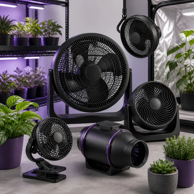 Selección de ventiladores negros de suelo, pinza y suspensión, junto a un extractor tubular y plantas bajo luces de cultivo.