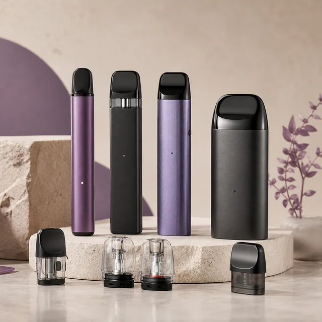 Cuatro vapeadores de distintos formatos en negro y tonos morados sobre una peana, con cuatro cápsulas separadas en primer plano. Cuatro vapeadores de distintos formatos en negro y tonos morados sobre una peana, con cuatro cápsulas separadas en primer plano.
