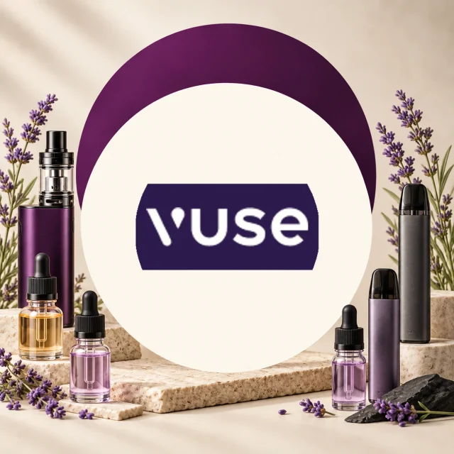 Logotipo Vuse rodeado de dispositivos de vapeo de distintos formatos y frascos con cuentagotas, entre flores de lavanda. Logotipo Vuse rodeado de dispositivos de vapeo de distintos formatos y frascos con cuentagotas, entre flores de lavanda.