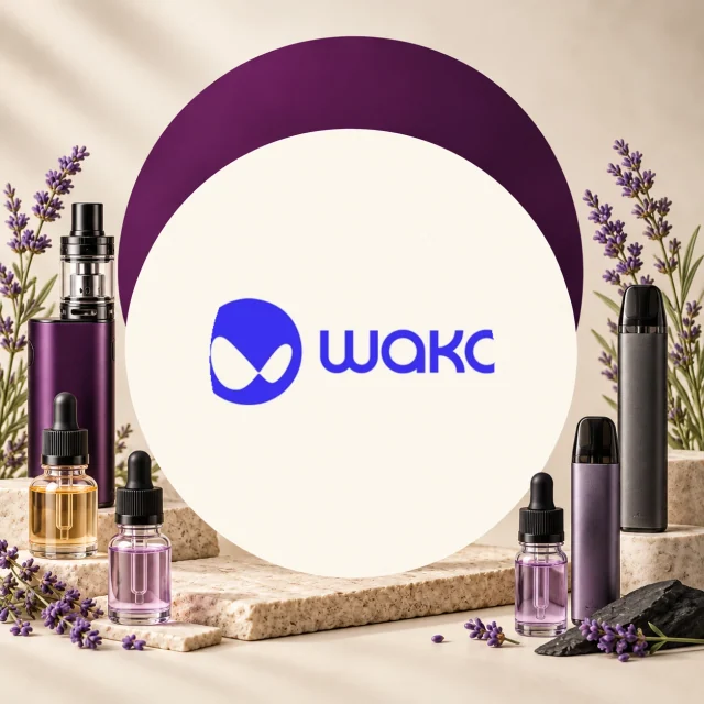 Vapeadores de distintos formatos y frascos con cuentagotas alrededor de un círculo claro con el logotipo Waka, entre flores violetas. Vapeadores de distintos formatos y frascos con cuentagotas alrededor de un círculo claro con el logotipo Waka, entre flores violetas.