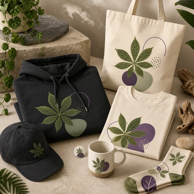 Sudadera negra, camiseta y bolsa claras, gorra, taza, calcetines y chapa con motivos de hojas de cannabis en verde y morado. Sudadera negra, camiseta y bolsa claras, gorra, taza, calcetines y chapa con motivos de hojas de cannabis en verde y morado.