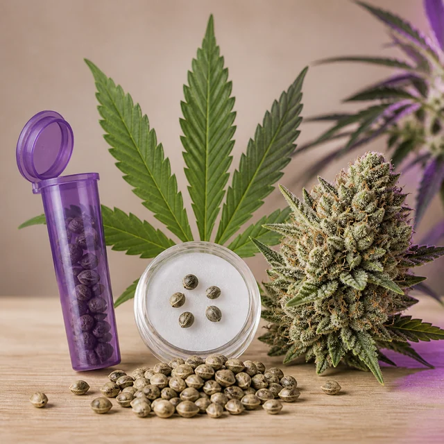 Semillas sueltas sobre una mesa, un tubo morado abierto y una caja circular transparente, junto a una hoja y un cogollo de cannabis.