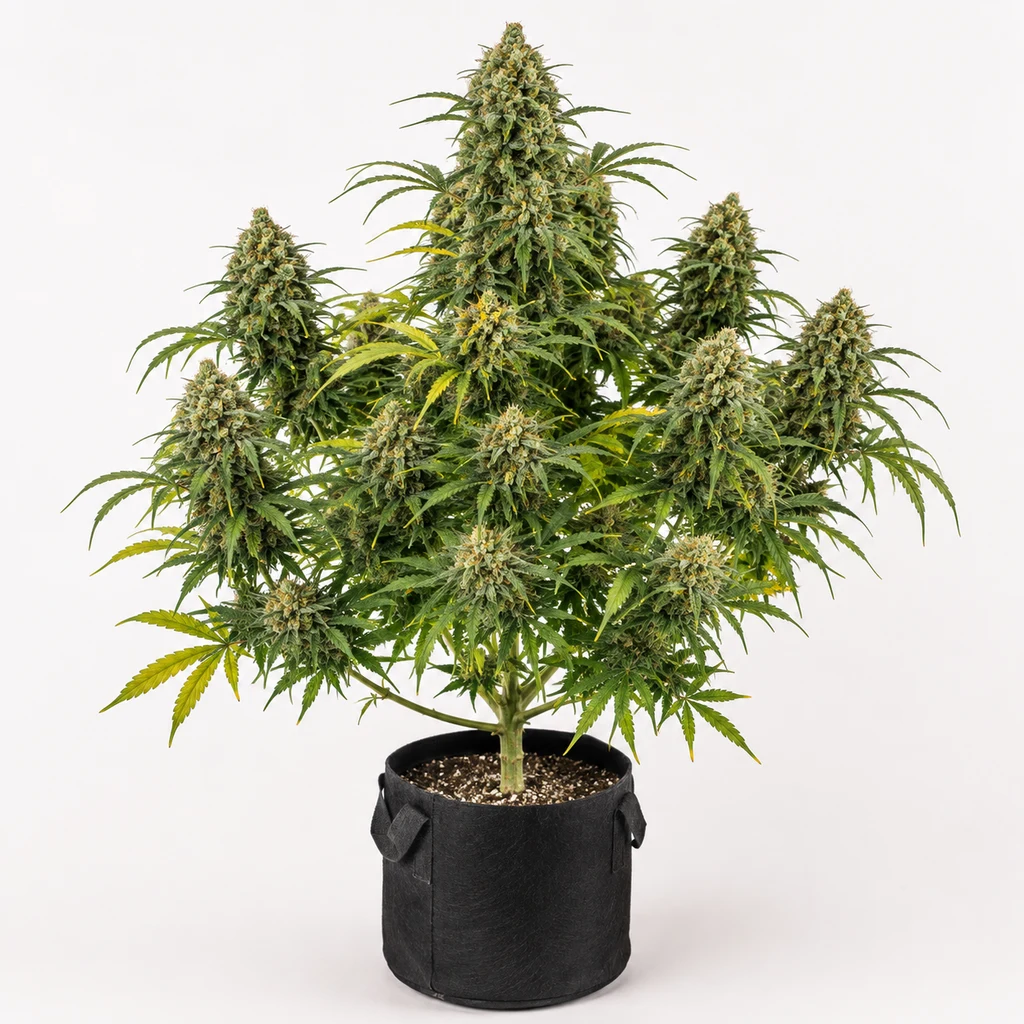 Ilustración de una planta de cannabis en floración en maceta textil negra para la ficha de Tangerine Dream Feminizada de Spain Seeds.