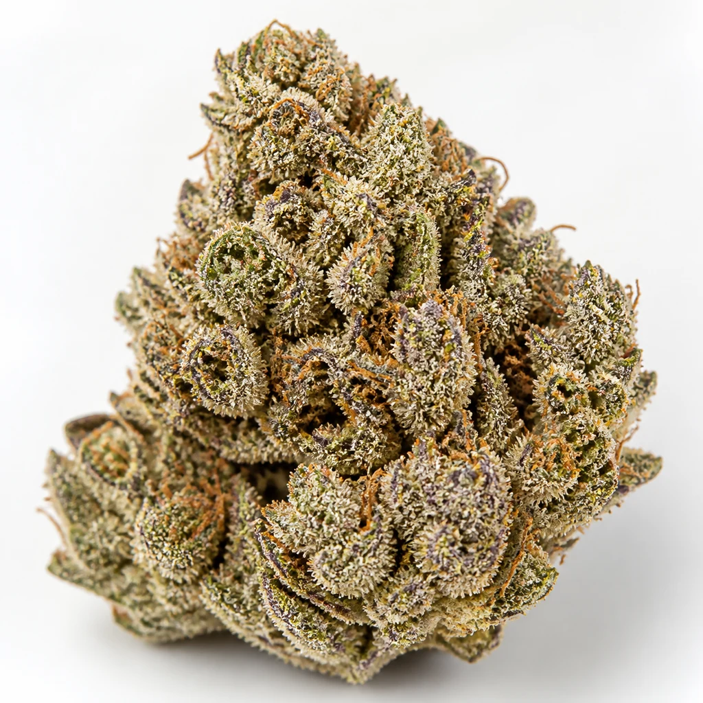 Ilustración de un cogollo compacto verde y morado con filamentos anaranjados para la ficha de Runtz XL Auto® de Sweet Seeds.