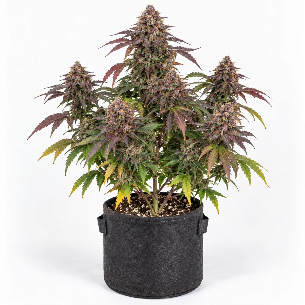 Ilustración de una planta con cogollos y hojas verdes y moradas en maceta negra, para la ficha de Red Strawberry Banana Auto® de Sweet Seeds.