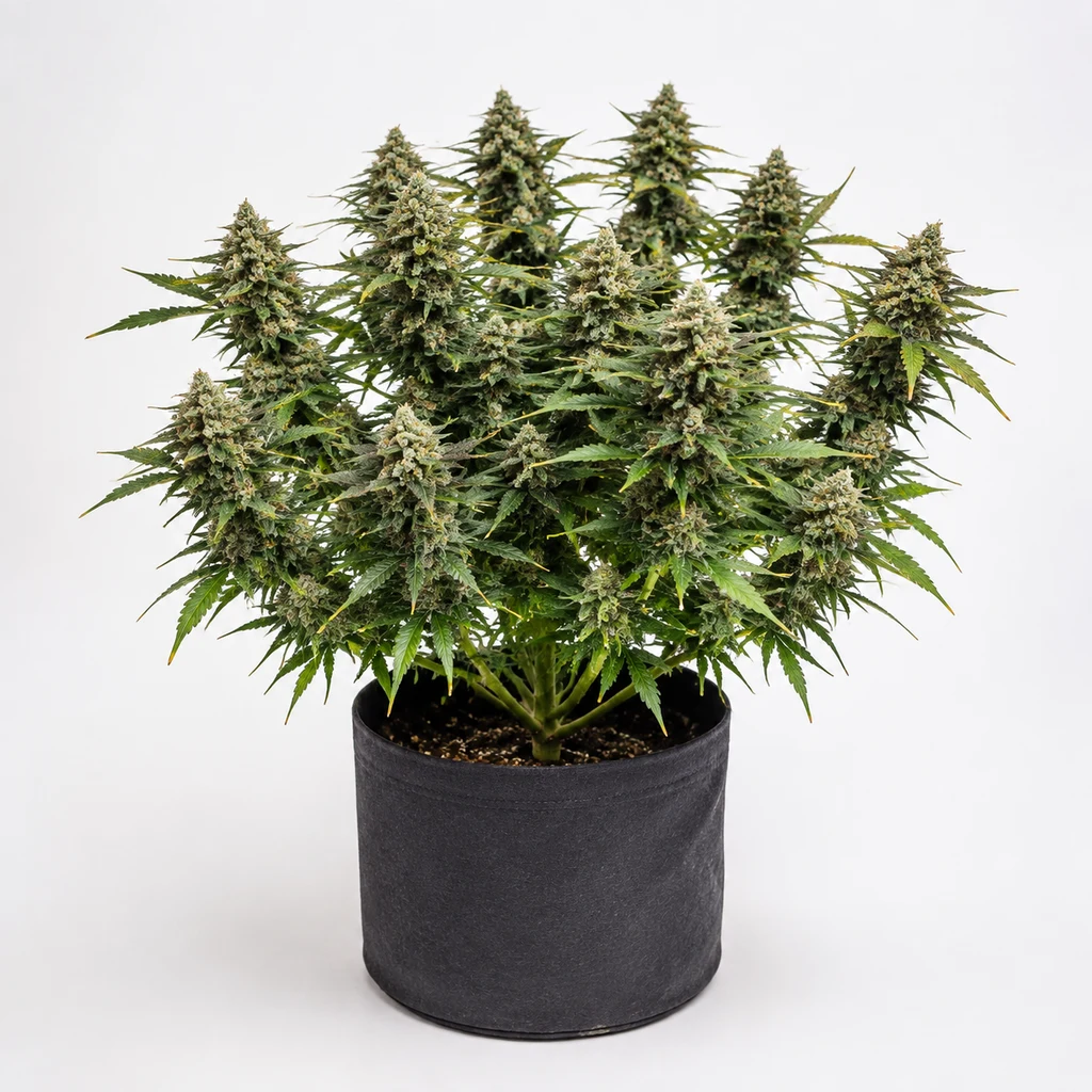 Ilustración de una planta de cannabis en floración para la ficha de Biscotti Feminizada, con abundantes cogollos en maceta oscura sobre fondo blanco.