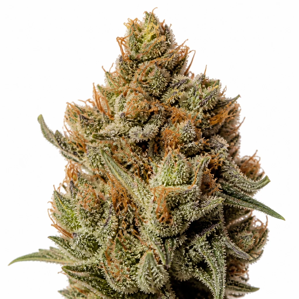 Ilustración de un cogollo de cannabis con hojas verdes, pelos anaranjados y abundantes puntos claros para la ficha de Mimosa Cake Auto – Fast Buds.