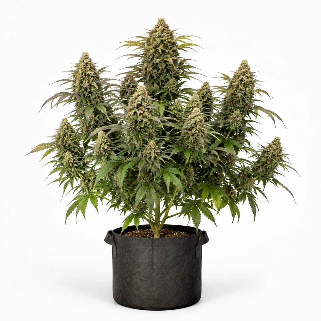 Ilustración de planta de cannabis con cogollos alargados en maceta negra para la ficha de Mimosa Cake Auto – Fast Buds.