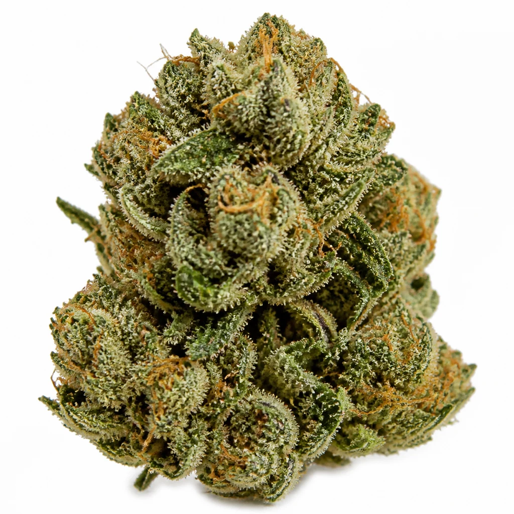 Ilustración de un cogollo para la ficha de Harlequin CBD, con forma cónica, hojas verdes curvadas, filamentos naranjas y superficie blanquecina.
