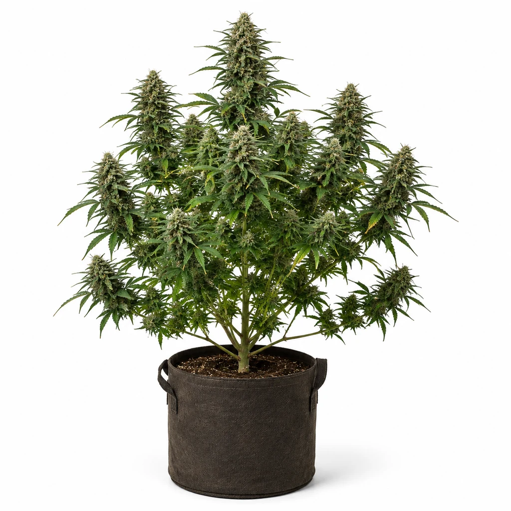 Ilustración de una planta de cannabis en floración para la ficha de Harlequin CBD Feminizada, en maceta de tela sobre fondo blanco.