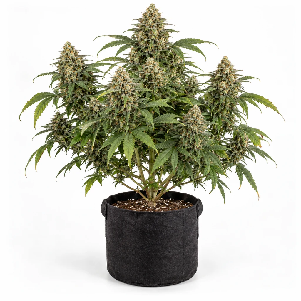 Ilustración de una planta con flores densas en maceta negra para la ficha de Gelato 41 Fast Feminizada de Seed Stockers.