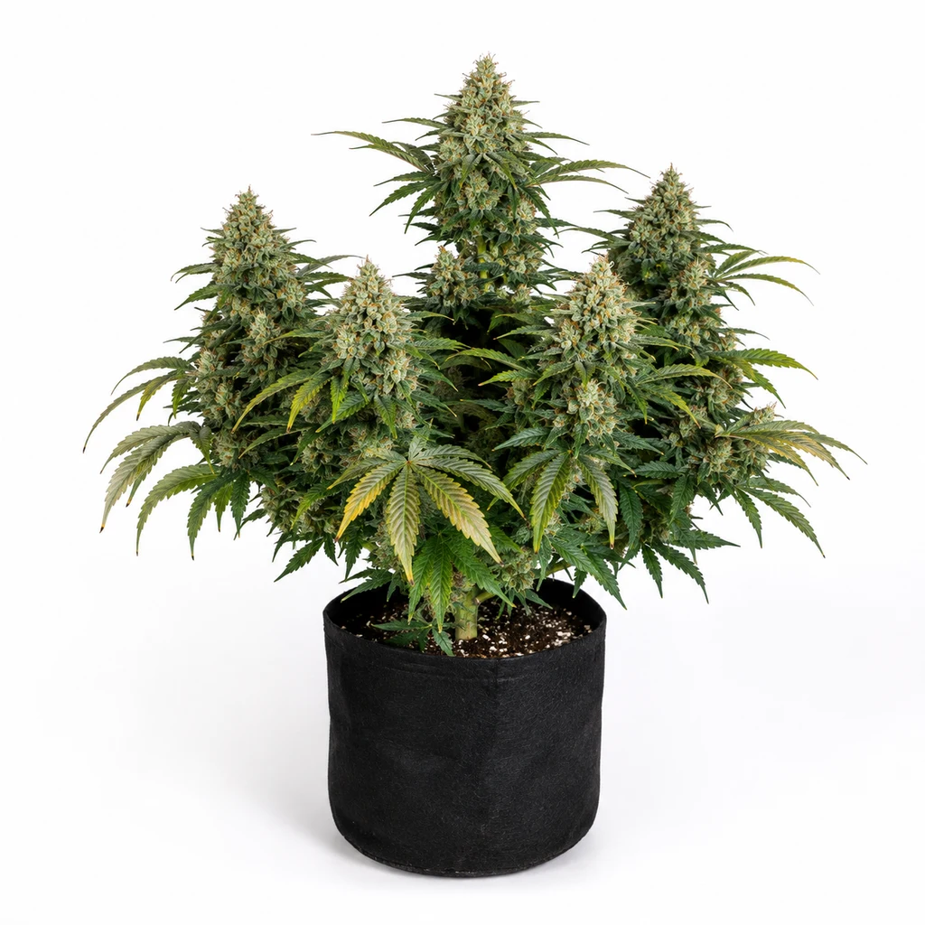 Ilustración de una planta en floración en maceta negra, con cogollos y hojas verdes y amarillas, para la ficha de Cheese Auto – Expert Seeds.