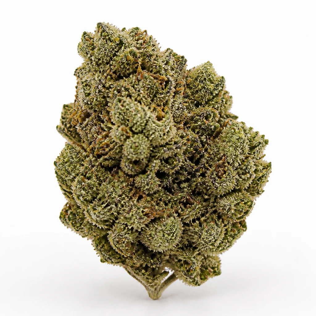 Ilustración de un cogollo verde compacto con filamentos anaranjados para la ficha de Kosher Kush Feminizada de Garden Of Green.