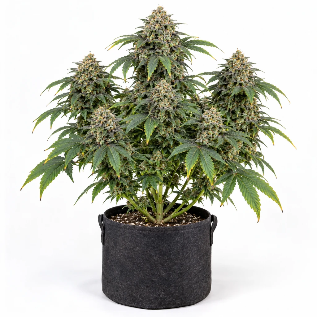 Ilustración de una planta de cannabis con cogollos y hojas verdes en maceta negra para la ficha de Kosher Kush Feminizada.
