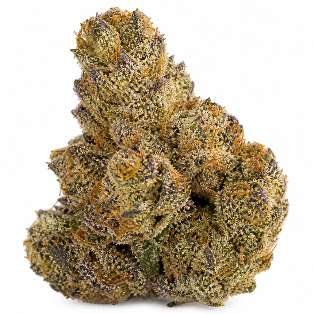 Ilustración de un cogollo de tonos verdes y morados, con pistilos anaranjados, para la ficha de Phantom Cookies Domina Feminizada.