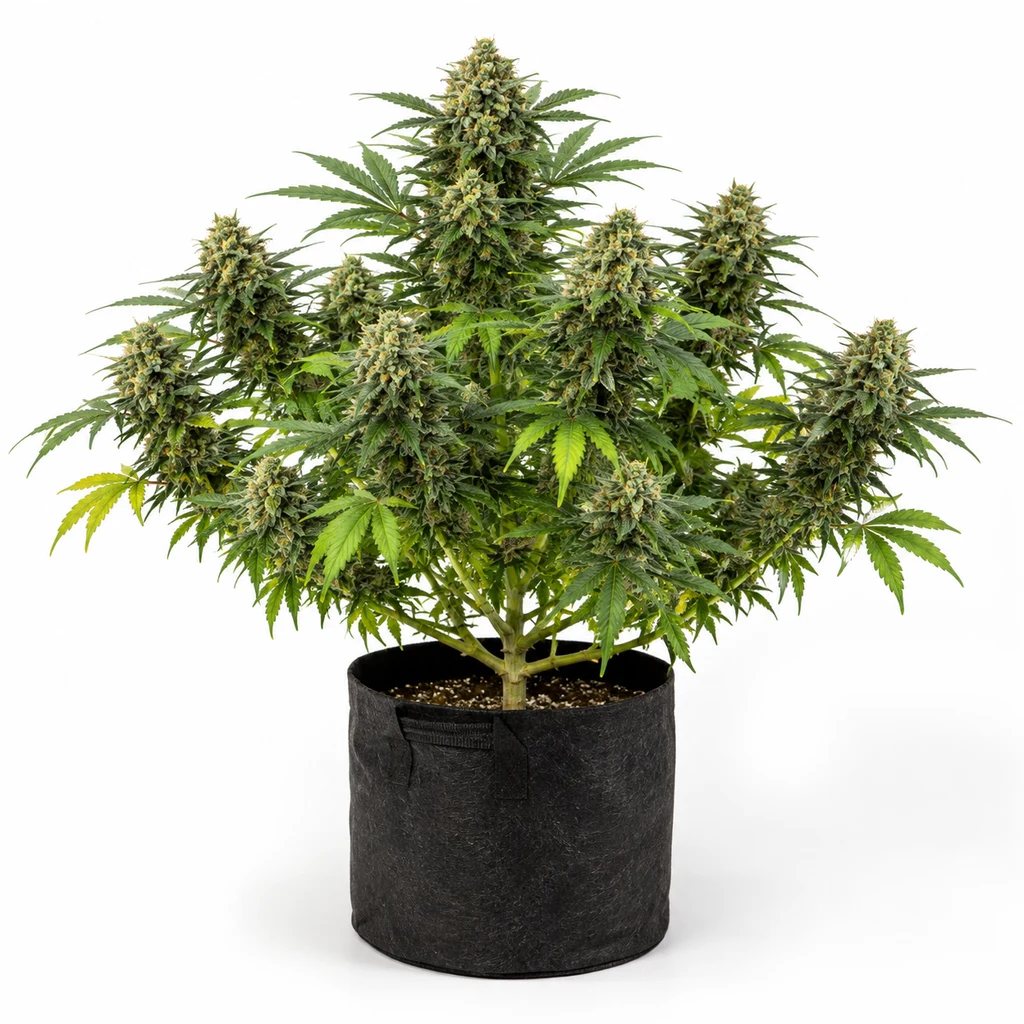Ilustración de una planta de cannabis en floración para la ficha de Lemon Tree Feminizada, con varias colas y una maceta textil negra.