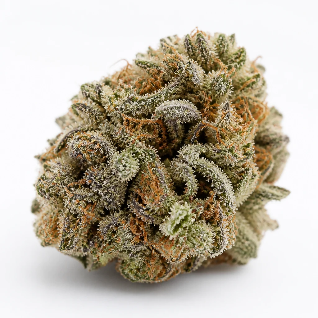 Ilustración de un cogollo con hojas verdes y violáceas, tricomas claros y pistilos naranjas para la ficha de Black Diamond Feminizada.