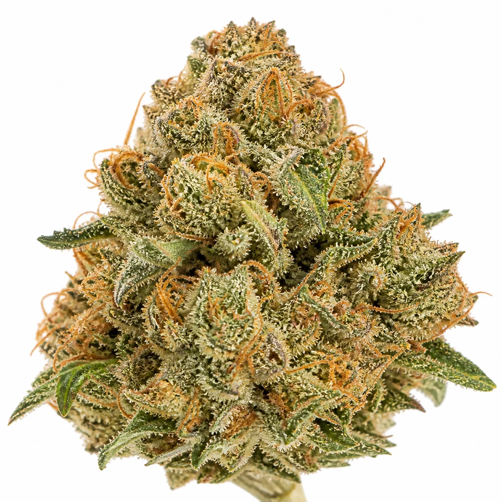 Ilustración de un cogollo con abundantes pistilos naranjas, hojas salientes y cobertura blanquecina para la ficha de White CBG Feminizada – Spain Seeds.