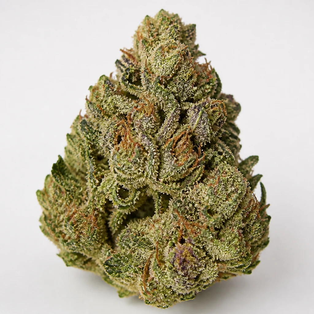 Ilustración de un cogollo para la ficha de Bruce Banner Auto, de forma cónica, con hojas verdes, zonas moradas y filamentos anaranjados.