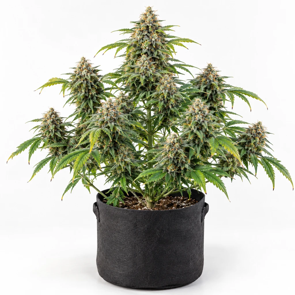 Ilustración de planta con cogollos voluminosos en maceta negra para la ficha de Sweet Mimosa XL Auto® de Sweet Seeds.