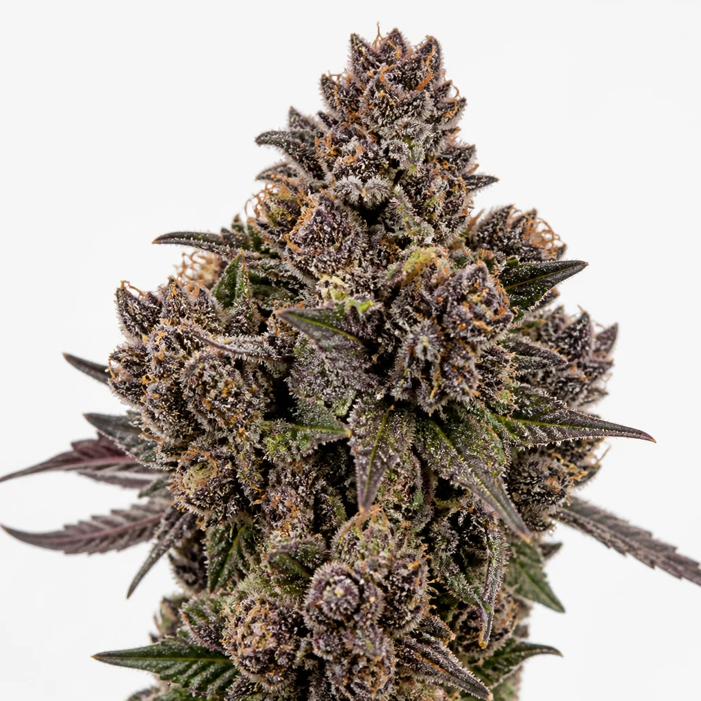 Ilustración de un cogollo con hojas moradas, filamentos anaranjados y cobertura blanquecina para la ficha de Tropicanna Poison XL Auto®.