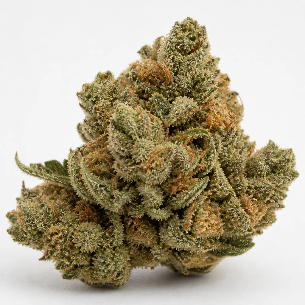 Ilustración de un cogollo verde de contorno irregular, con filamentos anaranjados, para la ficha de Amnesia Haze Auto de Barney's Farm.
