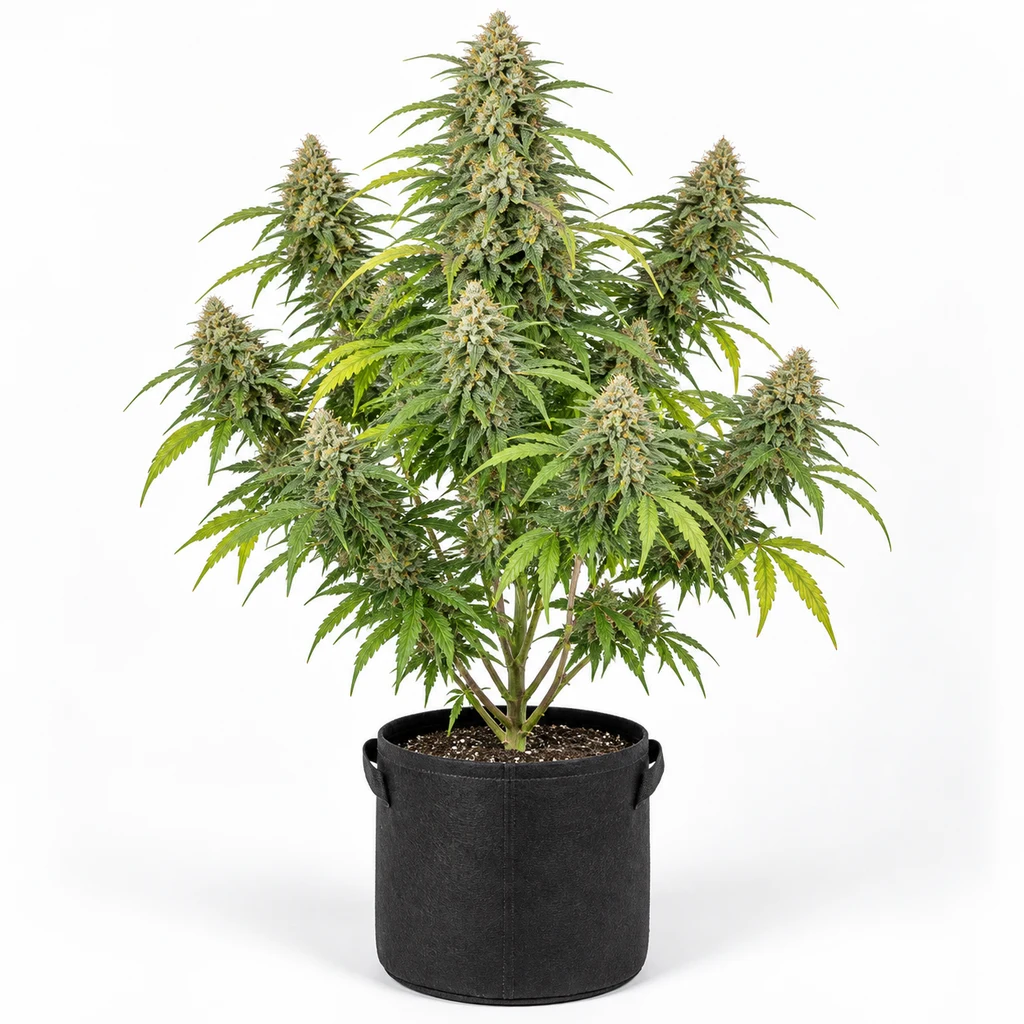 Ilustración de una planta de cannabis con flores alargadas y hojas verdes en maceta negra con asas para la ficha de Nitro Haze Feminizada.