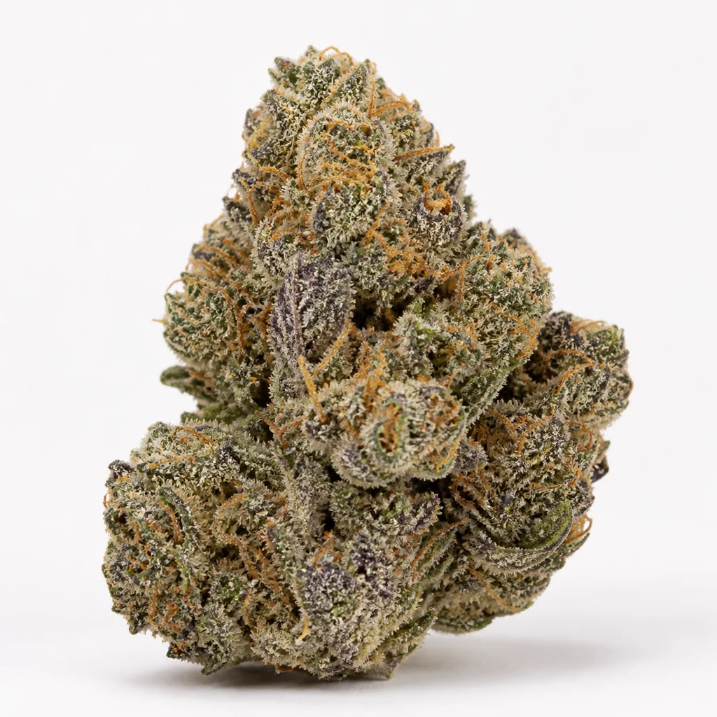 Ilustración de un cogollo verde y morado con filamentos naranjas para la ficha de Dream Sherbet Feminizada de Kannabia Seeds.
