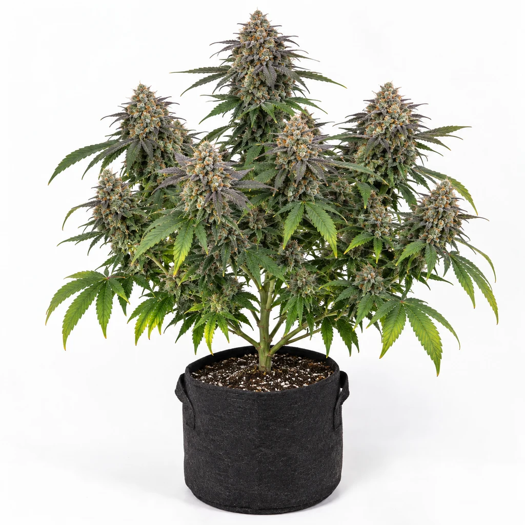 Ilustración de una planta de cannabis para la ficha de Dream Sherbet, con cogollos y hojas verdes y moradas en maceta negra con asas.
