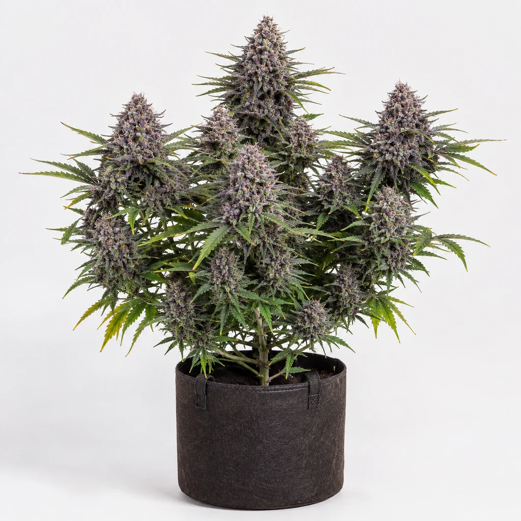 Ilustración de una planta de cannabis con flores violáceas y hojas verdes en maceta oscura para la ficha de Malibu OG Gold Feminizada.