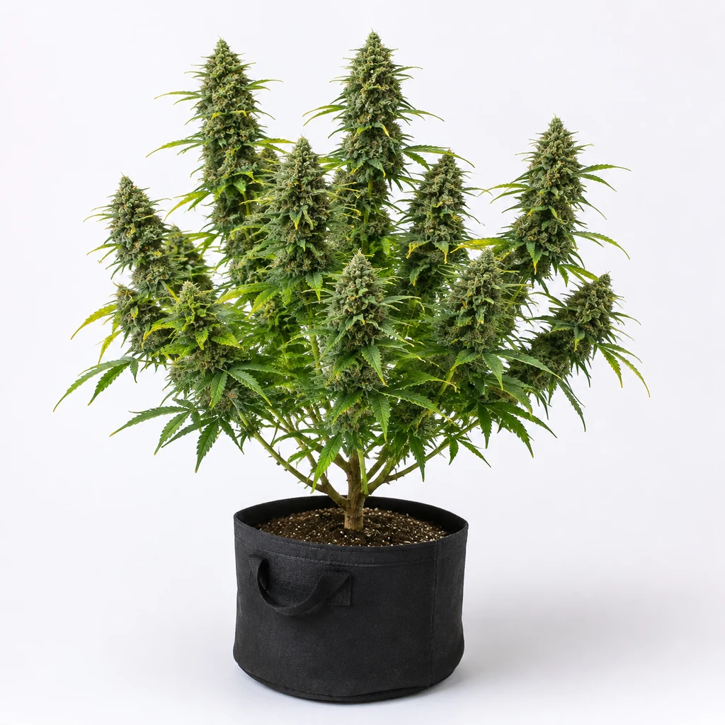 Ilustración de una planta de cannabis con cogollos en maceta negra para la ficha de Screwdriver OG Feminizada.