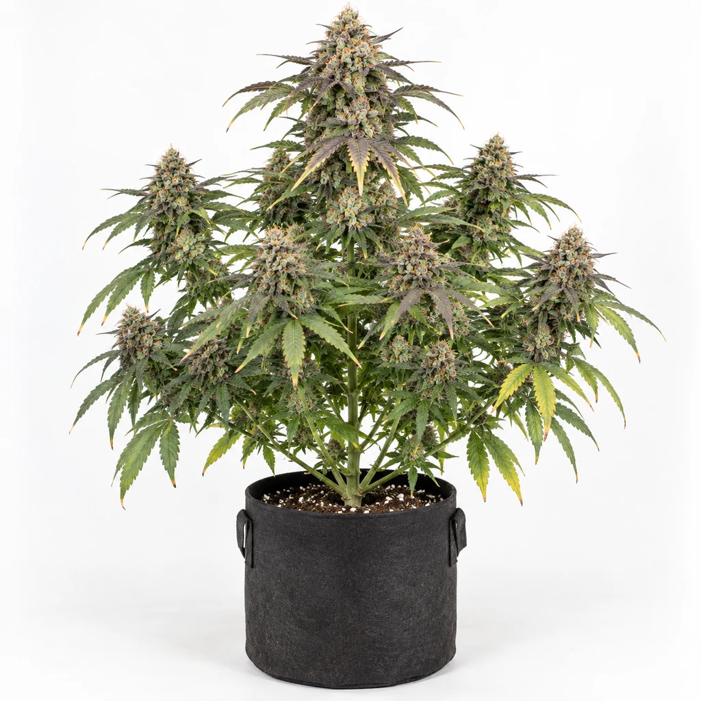 Ilustración de una planta de cannabis con cogollos y hojas verdes, moradas y amarillas en maceta negra, para la ficha de Guava x Gelato 41 Auto.