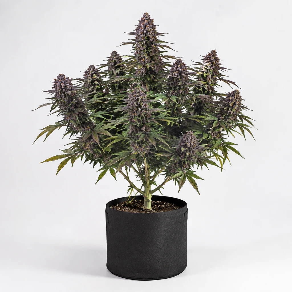 Ilustración de una planta de cannabis en maceta negra, con flores moradas y hojas verdes, para la ficha de Purple Mints Feminizada.