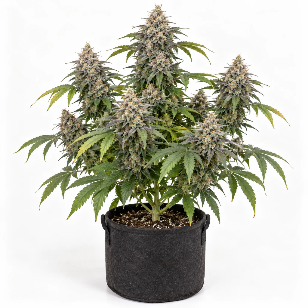 Ilustración de una planta en floración en maceta negra para la ficha de Runtz Fast Flowering Feminizada, con cogollos voluminosos.
