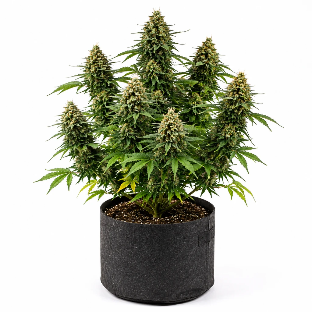 Ilustración de una planta con cogollos alargados en maceta oscura sobre fondo blanco para la ficha de White Runtz Fast Flowering.