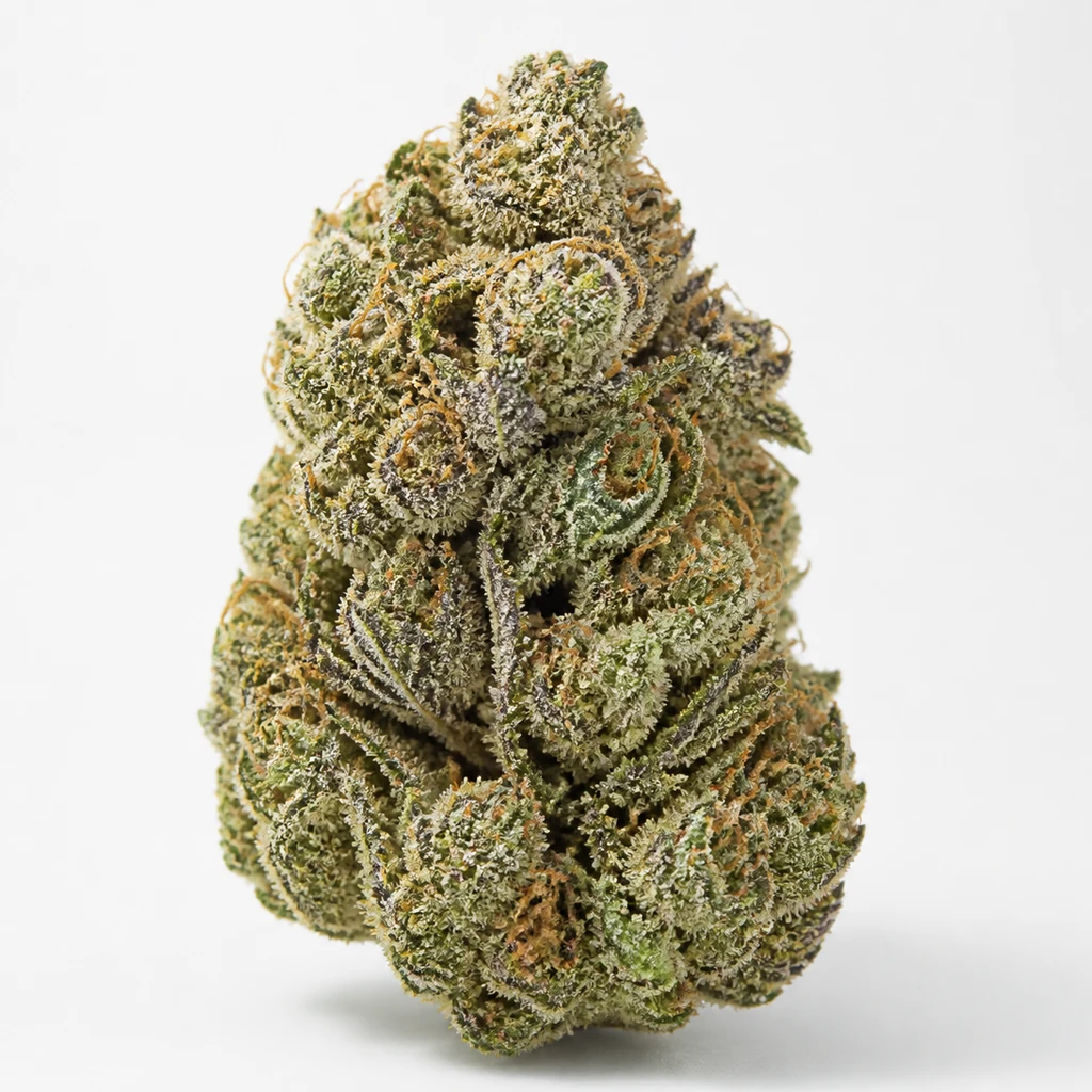 Ilustración de un cogollo verde con tonos morados y pistilos anaranjados para la ficha de Ice Cream Cake Fast Flowering.