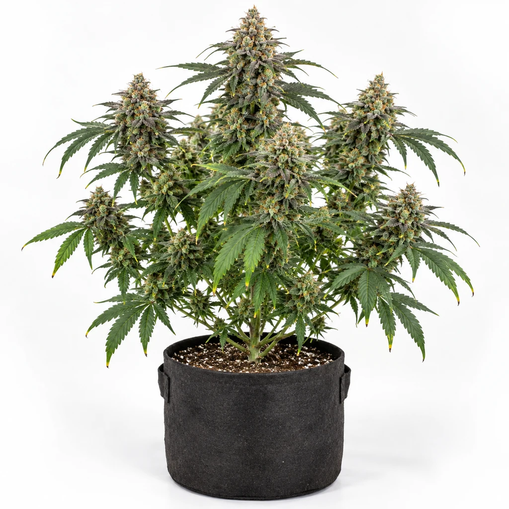 Ilustración de una planta en floración para la ficha de Ice Cream Cake Fast Flowering, con varias ramas y cogollos en maceta negra.