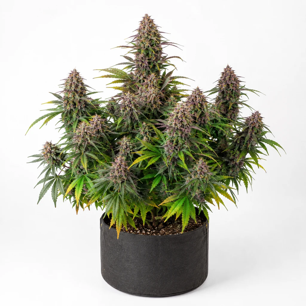 Ilustración de una planta de cannabis con flores violáceas y hojas verdes y amarillas, para la ficha de Red Mimosa XL Auto.