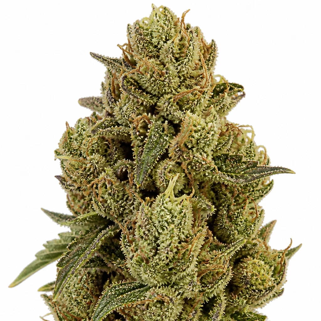 Ilustración de un cogollo para la ficha de Auto K-Mintz de Ripper Seeds, con hojas verdes, pistilos anaranjados y abundantes tricomas.