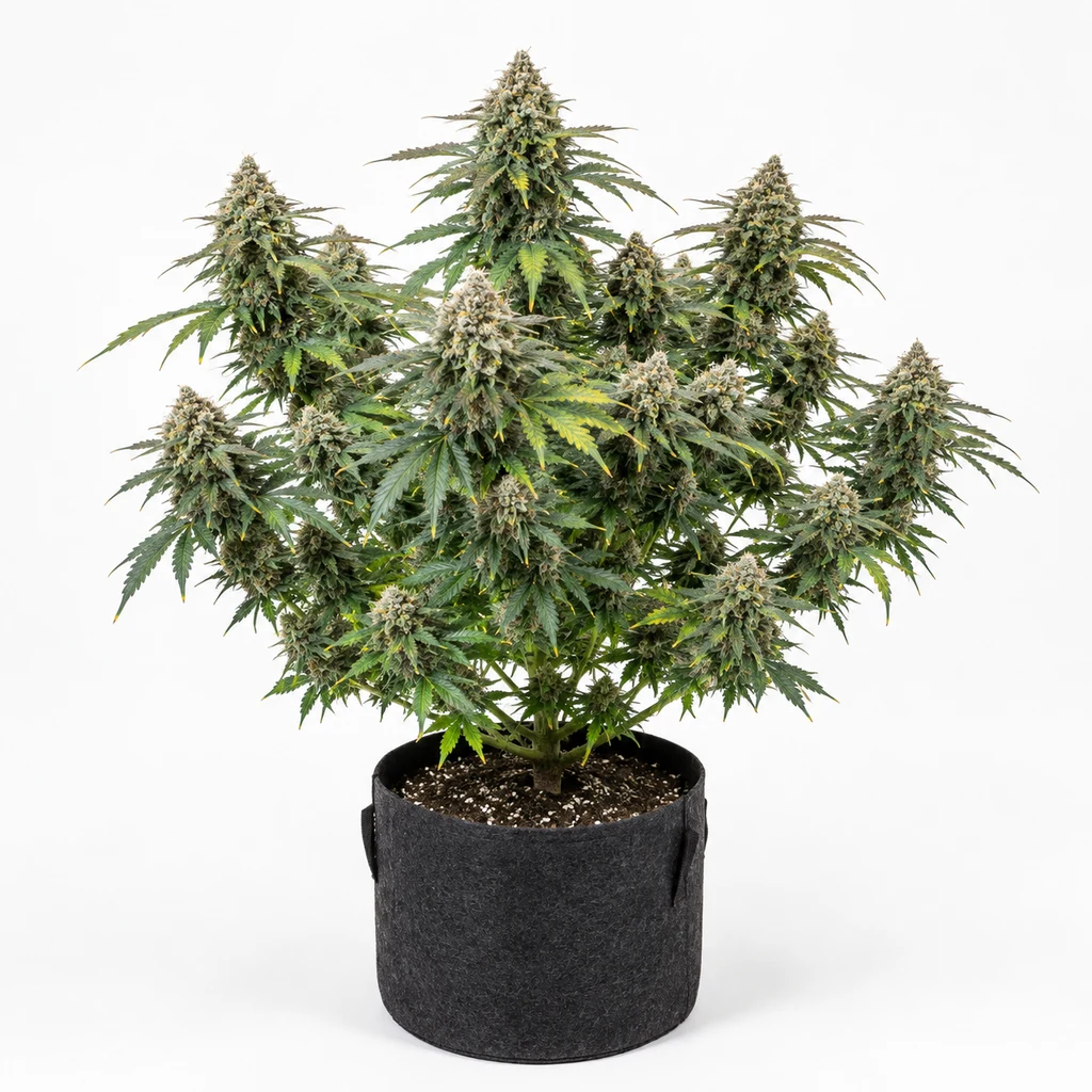 Ilustración de una planta de cannabis en floración con numerosos cogollos y maceta negra para la ficha de Auto K-Mintz.
