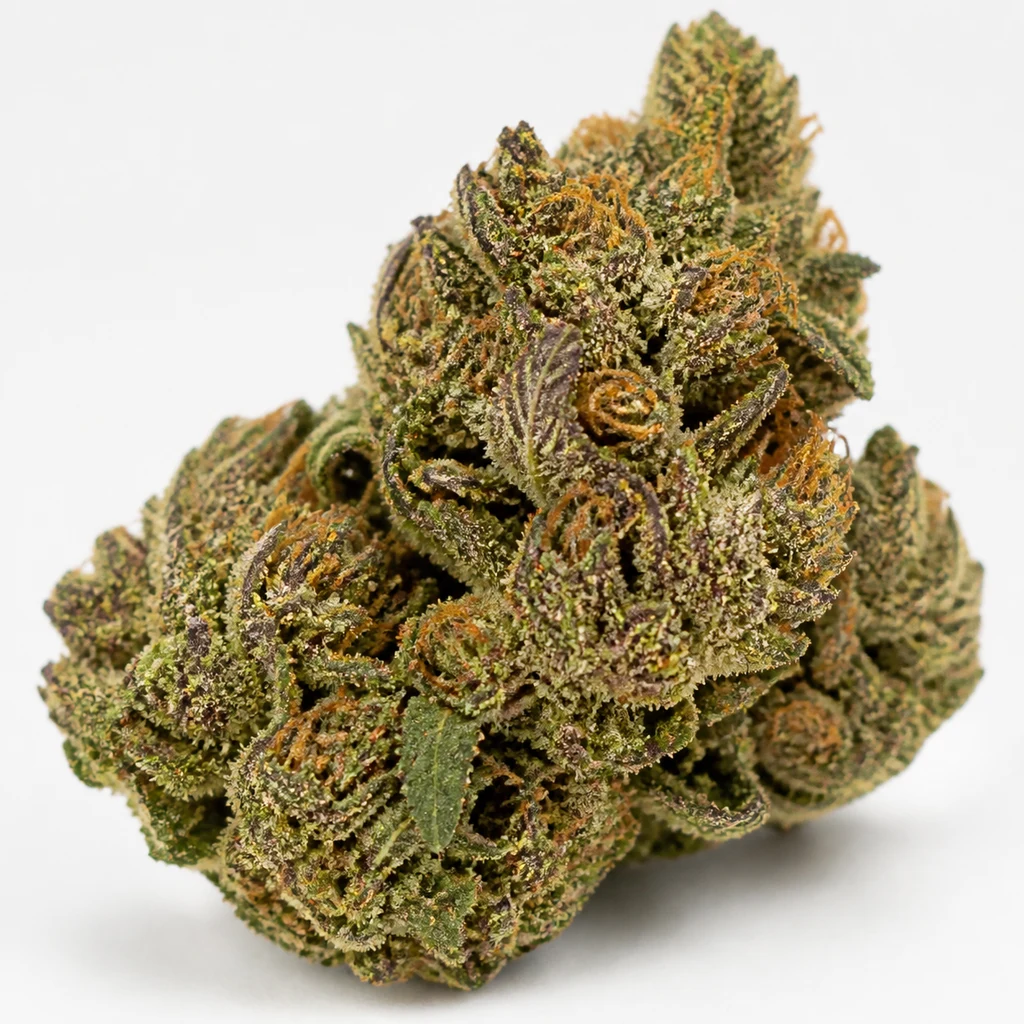 Ilustración de un cogollo compacto con hojas verdes y moradas y filamentos anaranjados, para la ficha de Auto Zombie Kush de Ripper Seeds.