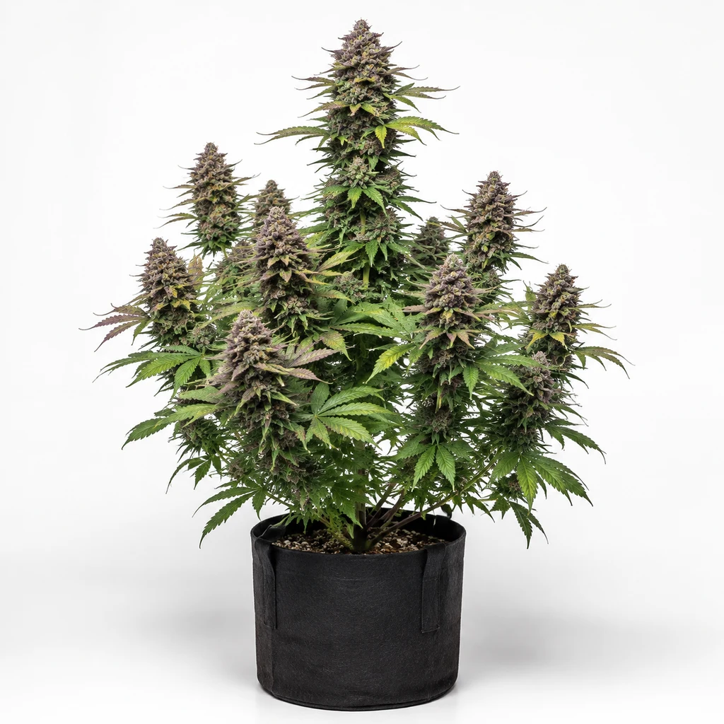 Ilustración de una planta de cannabis en maceta negra, con cogollos de tonos violáceos, para la ficha de Seriosa Feminizada.