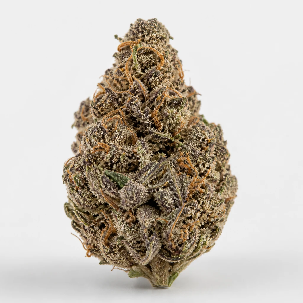 Ilustración de un cogollo para la ficha de Blueberry Zkittlez Auto de Sensi Seeds, con tonos verdes y morados y filamentos anaranjados.