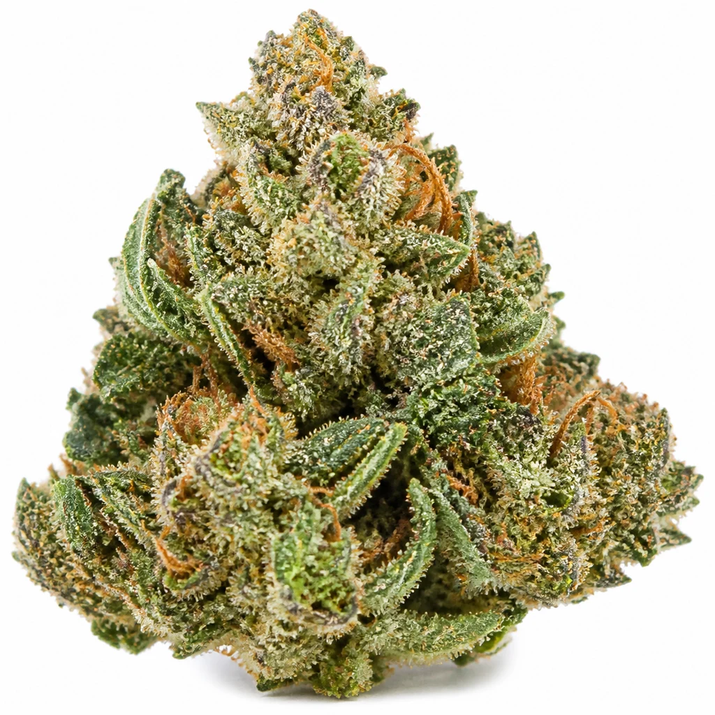 Ilustración de un cogollo con hojas verdes, filamentos anaranjados y cobertura clara para la ficha de Sweet Cherry Kush de Sensi Seeds.