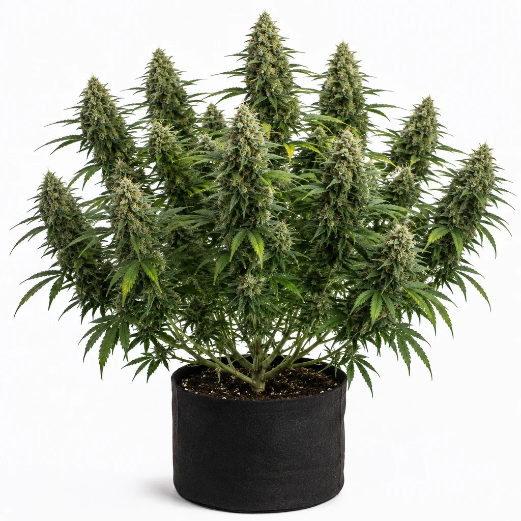 Ilustración de una planta de cannabis con varias ramas floridas en maceta negra para la ficha de Girl Scout Cookies Feminizada.