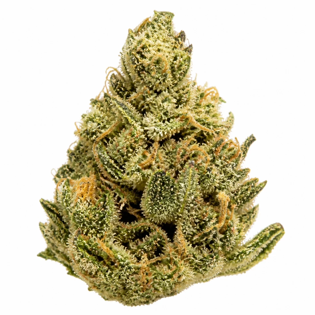 Ilustración de un cogollo verde con filamentos anaranjados y superficie blanquecina para la ficha de Lemon Haze Auto de Barney's Farm.