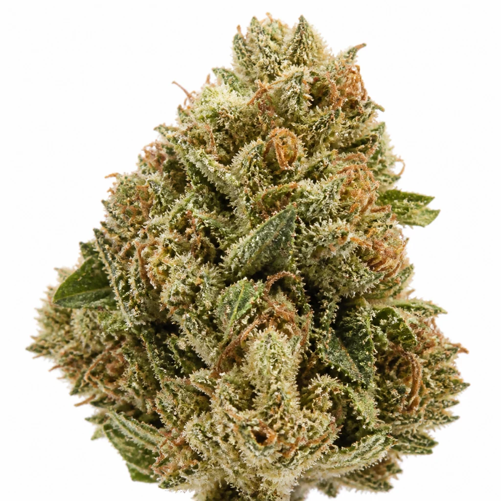 Ilustración de un cogollo verde con filamentos anaranjados y abundantes tricomas claros para la ficha de White Widow Regular de PEV Seeds.