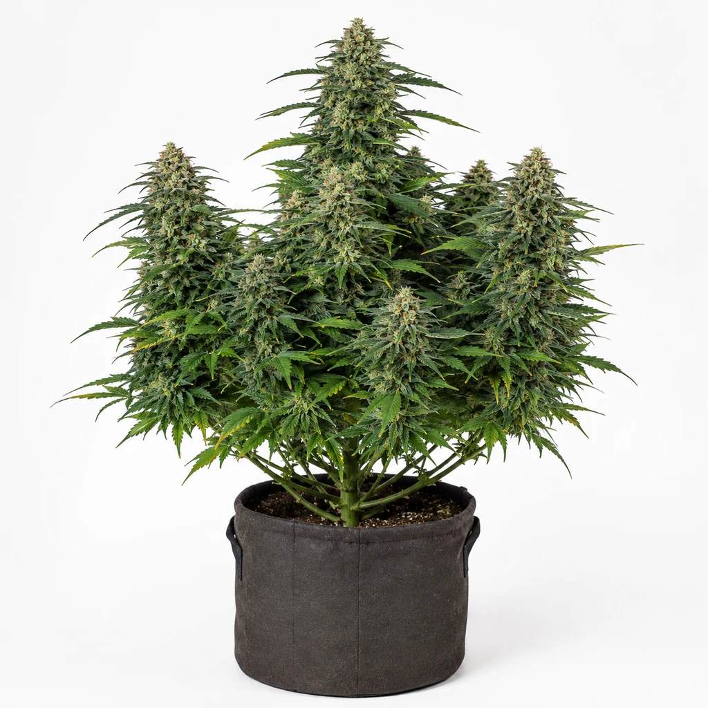 Ilustración de una planta de cannabis en maceta de tela, con cogollos alargados, para la ficha de Sugarlato Auto de Green House Seeds.